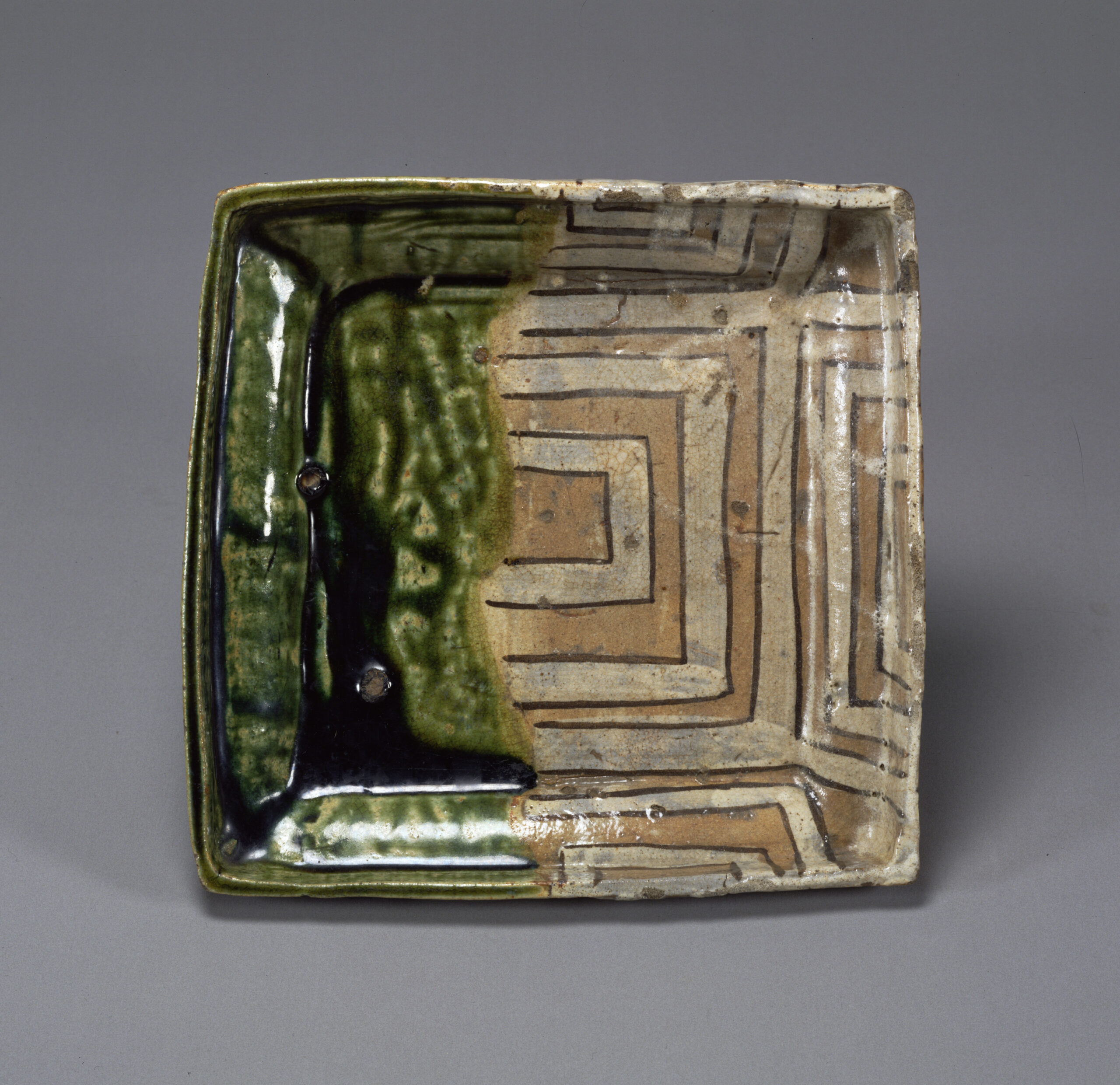 Oribe square bowl, 17th century, Tokyo National Museum